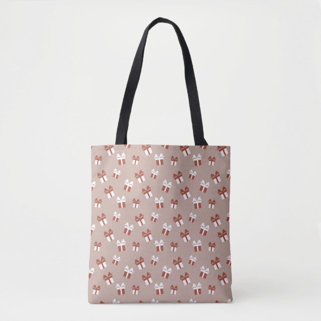 Brown & White Christmas Gifts Pattern Tote Bag (Front)