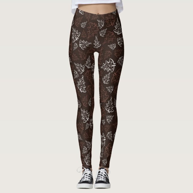 Brown & White Christmas Tree Pattern Leggings (Front)