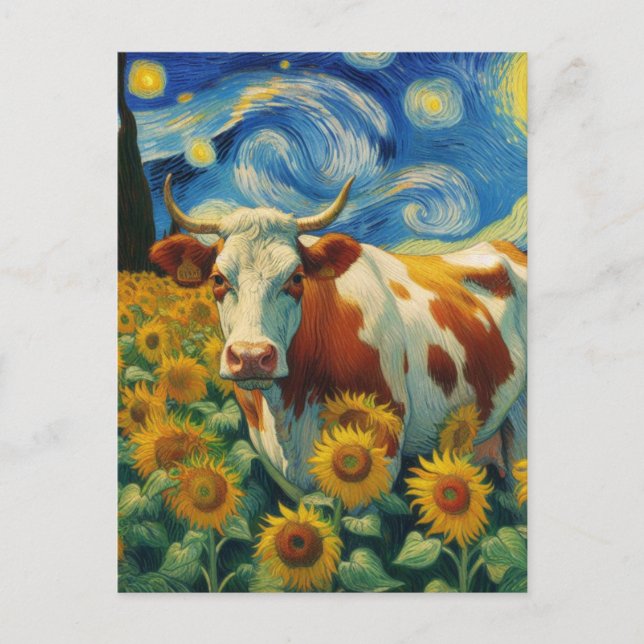 Brown White Cow in a Faux Van Gogh Sunflower Field Postcard (Front)