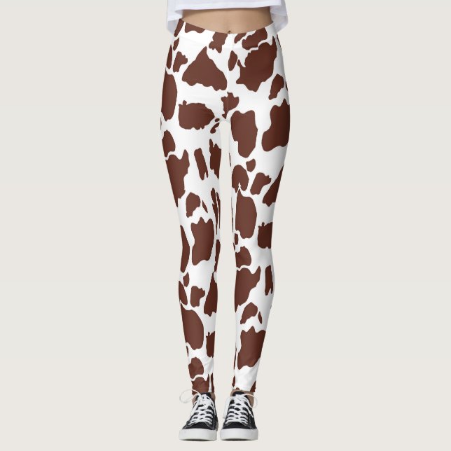 Brown White Cow Print Pattern Leggings (Front)