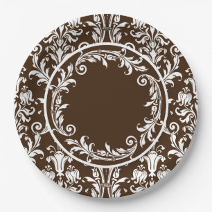 Brown White Damask Floral Swirls Personalize Paper Plate