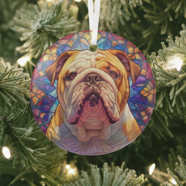 Brown White English Bulldog Stained Glass Ornament (Insitu)
