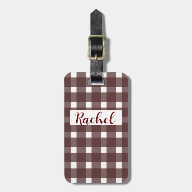 Brown White Gingham Personalized Luggage Tag (Front Vertical)