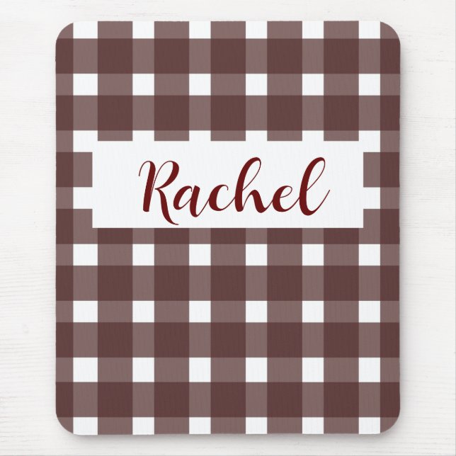 Brown White Gingham Personalized Mouse Pad (Front)