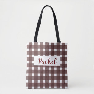Brown White Gingham Personalized Tote Bag