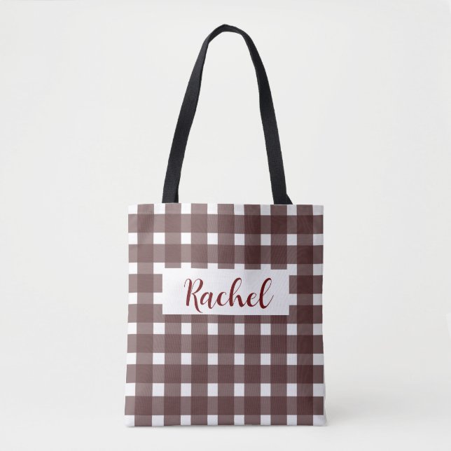 Brown White Gingham Personalized Tote Bag (Front)