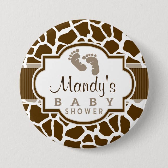 Brown, White Giraffe Animal Print Baby Shower 3 Inch Round Button (Front)