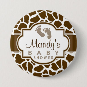 Brown, White Giraffe Animal Print Baby Shower 3 Inch Round Button