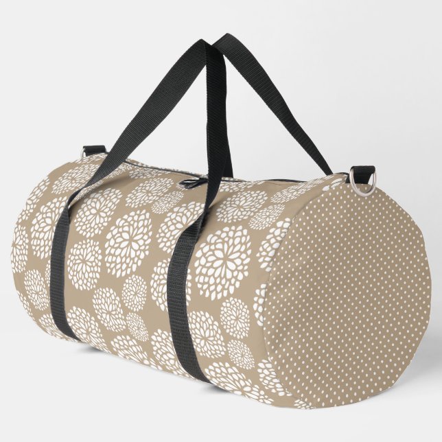 BROWN & WHITE HAND DRAWN MUMS & POLKA DOTS DUFFLE BAG (Left Corner)