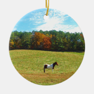 Brown & White horse,autumn trees,blue sky Ceramic Ornament