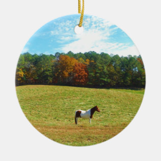 Brown & White horse,autumn trees,blue sky Ceramic Ornament