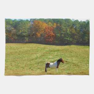 Brown & White horse,autumn trees,blue sky Kitchen Towel