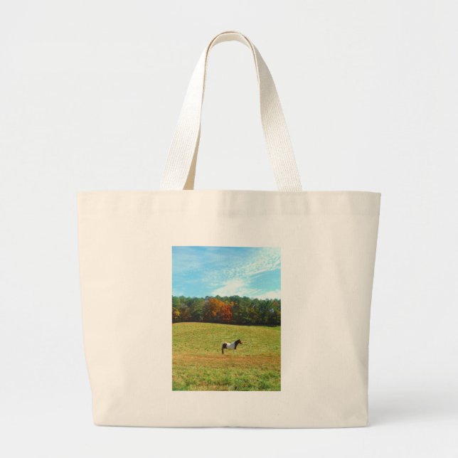 Brown & White horse,autumn trees,blue sky Large Tote Bag (Front)