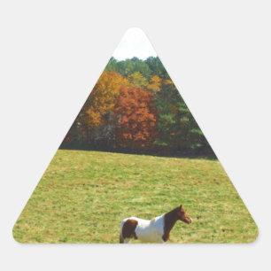 Brown & White horse,autumn trees,blue sky Triangle Sticker
