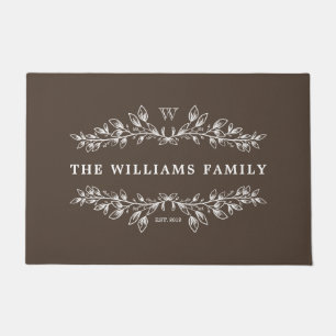 Brown White Monogrammed Hand-Drawn Half Wreath Doormat