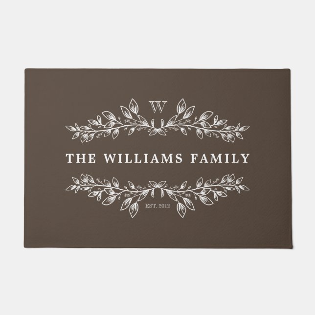 Brown White Monogrammed Hand-Drawn Half Wreath Doormat (Front)