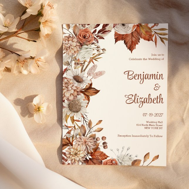 Brown white orange fall floral rustic Wedding  Invitation (Brown white orange fall floral rustic Wedding )