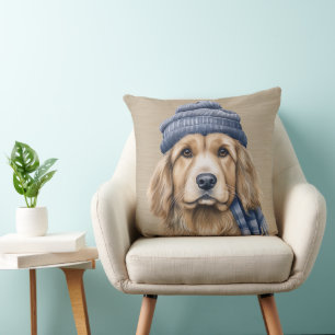 BROWN & WHITE SHAGGY DOG WITH BLUE HAT THROW PILLOW