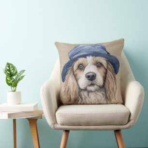 BROWN & WHITE SHAGGY DOG WITH BLUE HAT THROW PILLOW