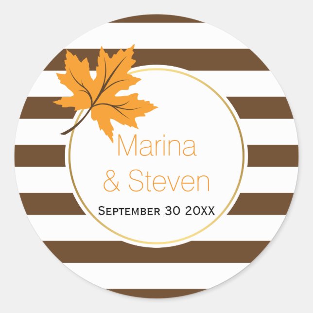 Brown white stripes and maple leaf fall wedding classic round sticker (Front)