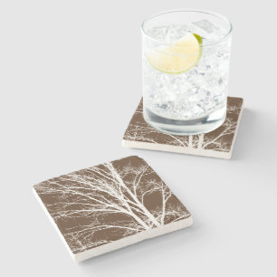 Brown White Tree Branches Stone Coaster