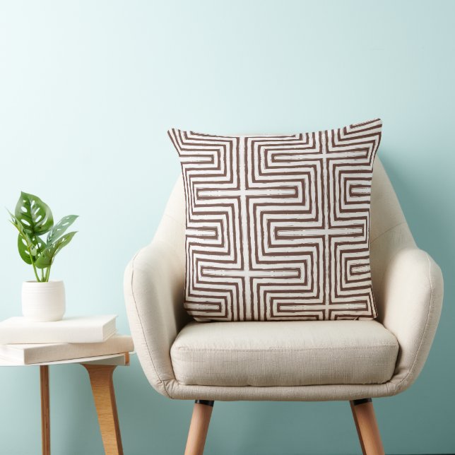 brown white Tribal Maze Mud Cloth Pattern Throw Pillow (Chair)