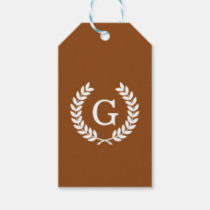 Brown White Wheat Laurel Wreath Initial Monogram Gift Tags