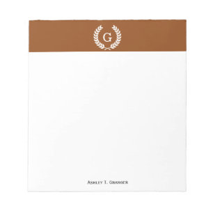 Brown White Wheat Laurel Wreath Initial Monogram Notepad