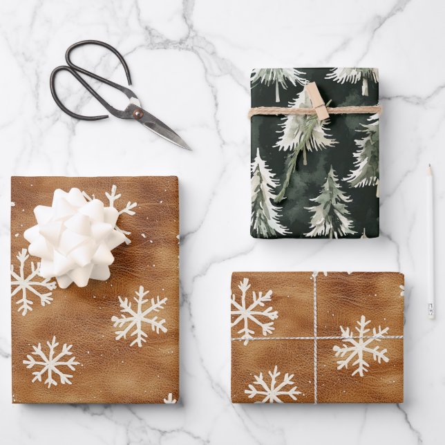 Brown White Winter Snowflakes Christmas Wrapping Paper Sheet (Front)