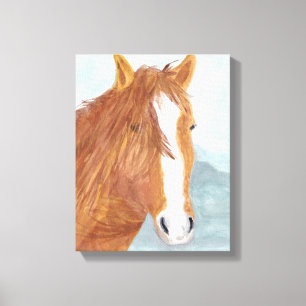 Brown Wild Horse Blue Mountain Lake - acrylic. Canvas Print