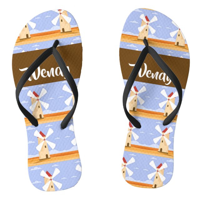Brown windmills with red roofs pattern flip flops (Footbed)