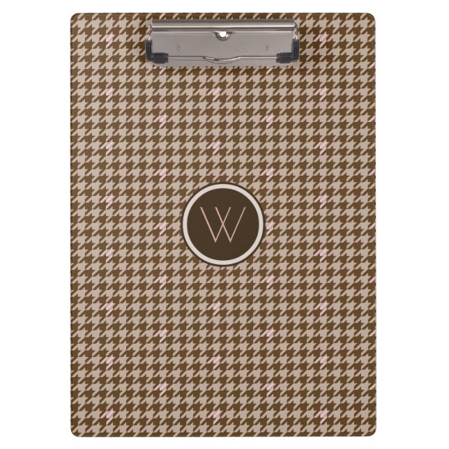 Brown with Rose Gold Accent Houndstooth Clipboard (Front)