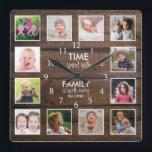 Brown Wood 12 Photo Template Time Family Quote Square Wall Clock<br><div class="desc">Rustic wood photo clock with the inspiring family quote "Time spent with family is worth every second”. Personalize with 12 of your favourite family photos.</div>