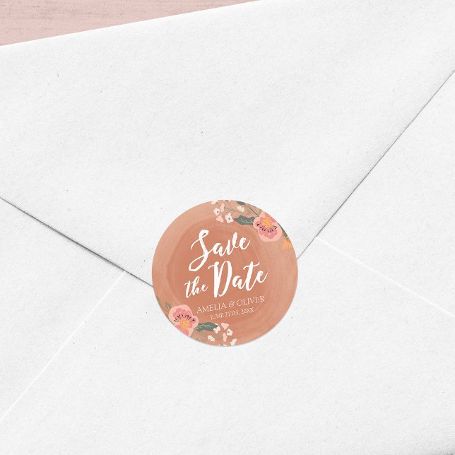 Brown Wood and Floral Rustic Save the Date Classic Round Sticker (Creator Uploaded)