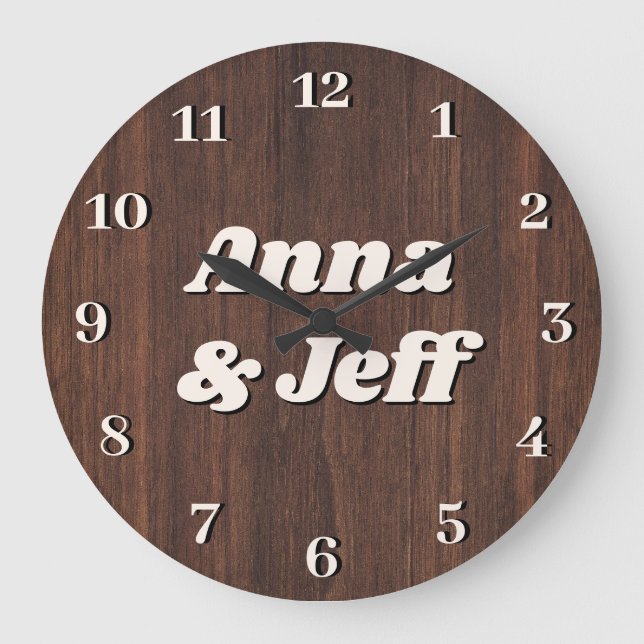 Brown Wood Background Valentine Couple Name Custom Large Clock (Front)