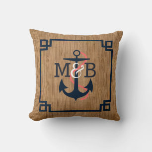 Brown Wood Blue Nautical Boat Anchor & Frame Throw Pillow