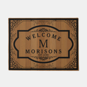 Brown Wood Boards Black Vintage Swirly Frame Doormat