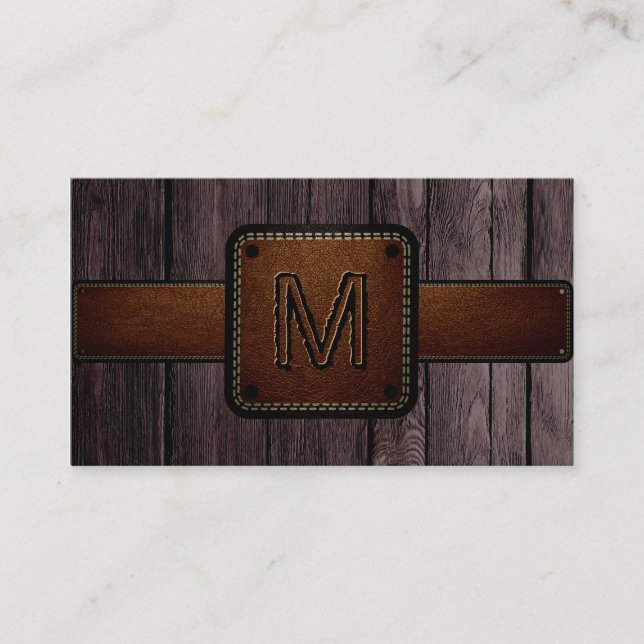 Brown Wood Brown Leather Look Monogram Business Card (Front)