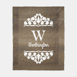 Brown Wood Country White Scrolls Personalized Fleece Blanket