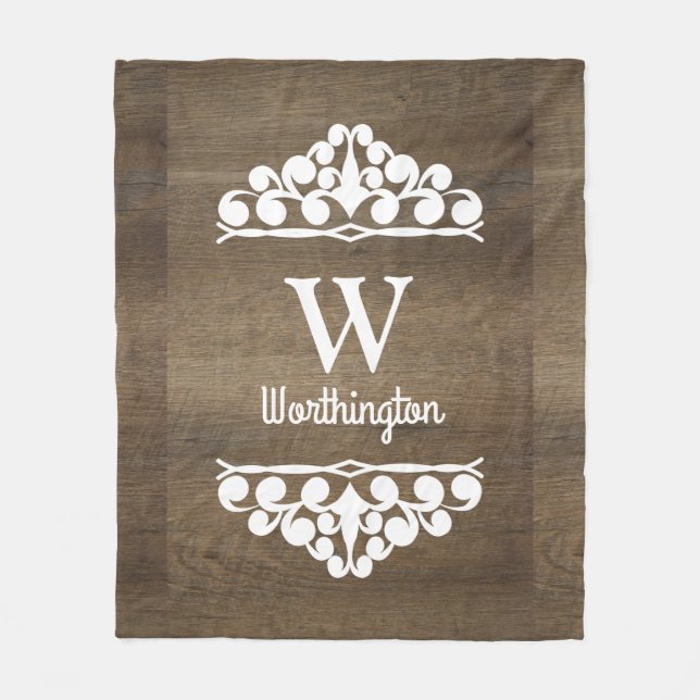 Brown Wood Country White Scrolls Personalized Fleece Blanket (Front)