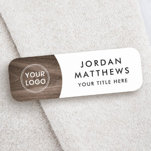 Brown wood custom logo, name and title white tag