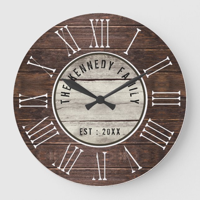 Brown Wood Family Name Farmhouse Roman Numeral    Large Clock (Front)