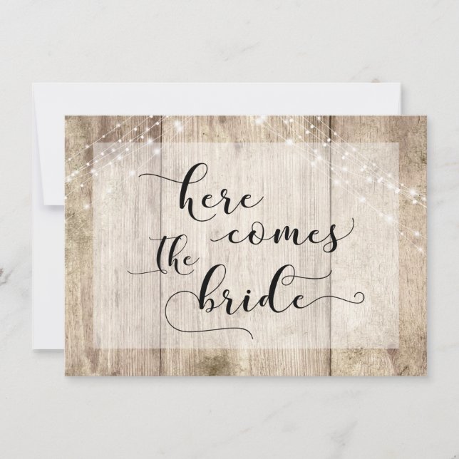 Brown Wood Lights Here Comes the Bride Dog's Sign Invitation (Front)