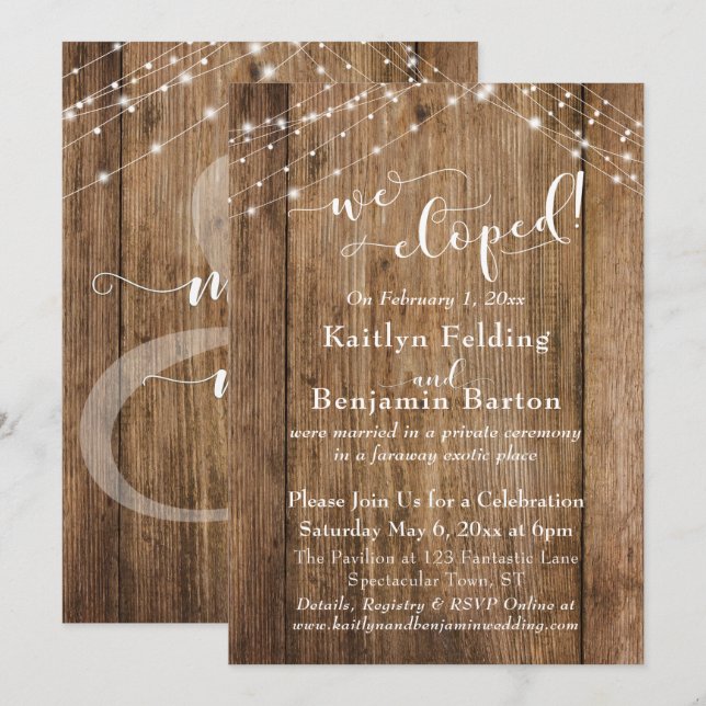 Brown Wood Lights We Eloped Typography, Reception Invitation (Front/Back)
