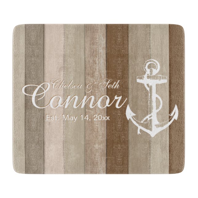 Brown Wood Nautical Stripes & Anchor Cutting Board (Front)