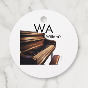 Brown wood piano table keys monogram name favour tags