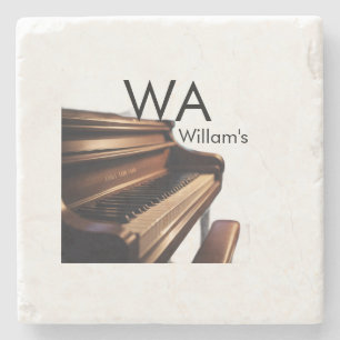 Brown wood piano table keys monogram name stone coaster
