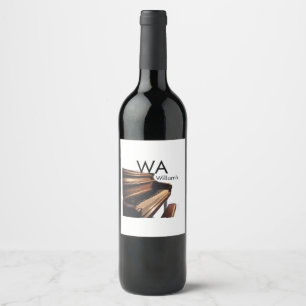 Brown wood piano table keys monogram name  wine label