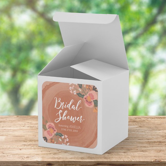 Brown Wood Rustic Floral Bridal Shower Square Square Sticker (Creator Uploaded)