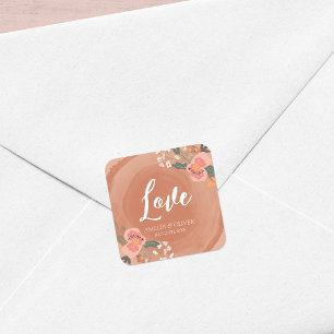 Brown Wood Rustic Floral Wedding Love Square Sticker